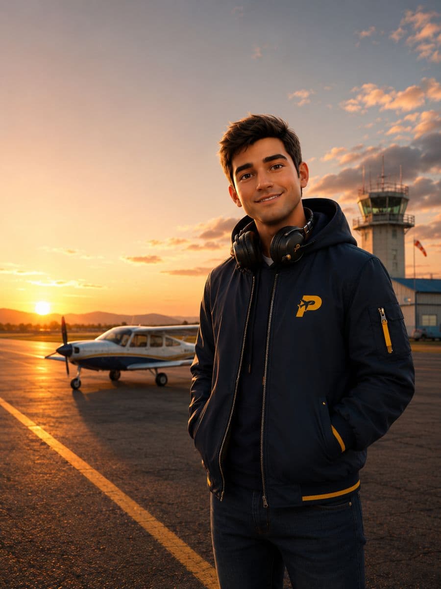 Rumbo, el copiloto digital de Parapilotos.cl, en la losa de un aeródromo al atardecer
