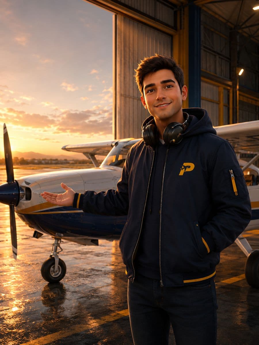 Rumbo presentando una avioneta de instrucción en un hangar al amanecer